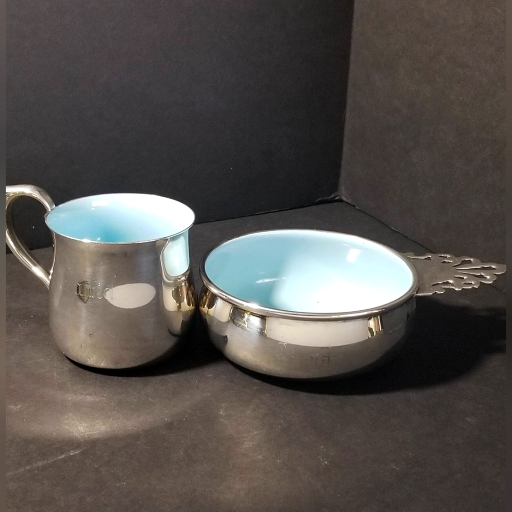 Reed and barton Enamel Bowl and Cup.  Blue   name engraved "David". EUC